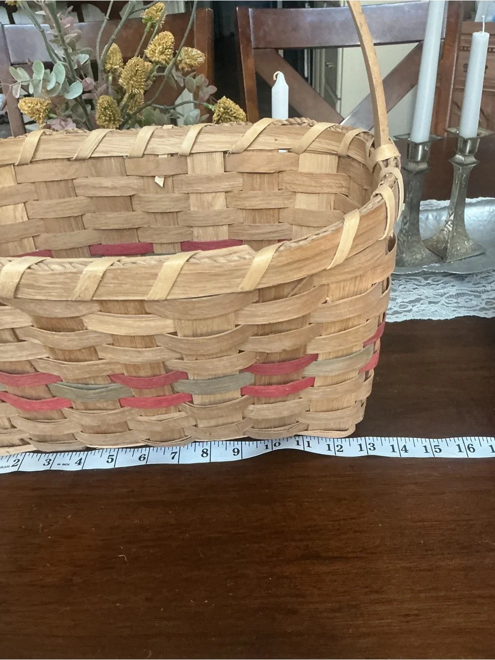 Vintage Woven Splint Market Gathering Basket Dyed Red Green Band Farmhouse Decor